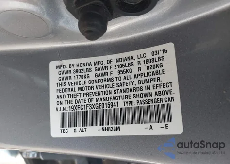 2016 Honda Civic Ex-T from USA, damaged, VIN 19XFC1F3XGE015941